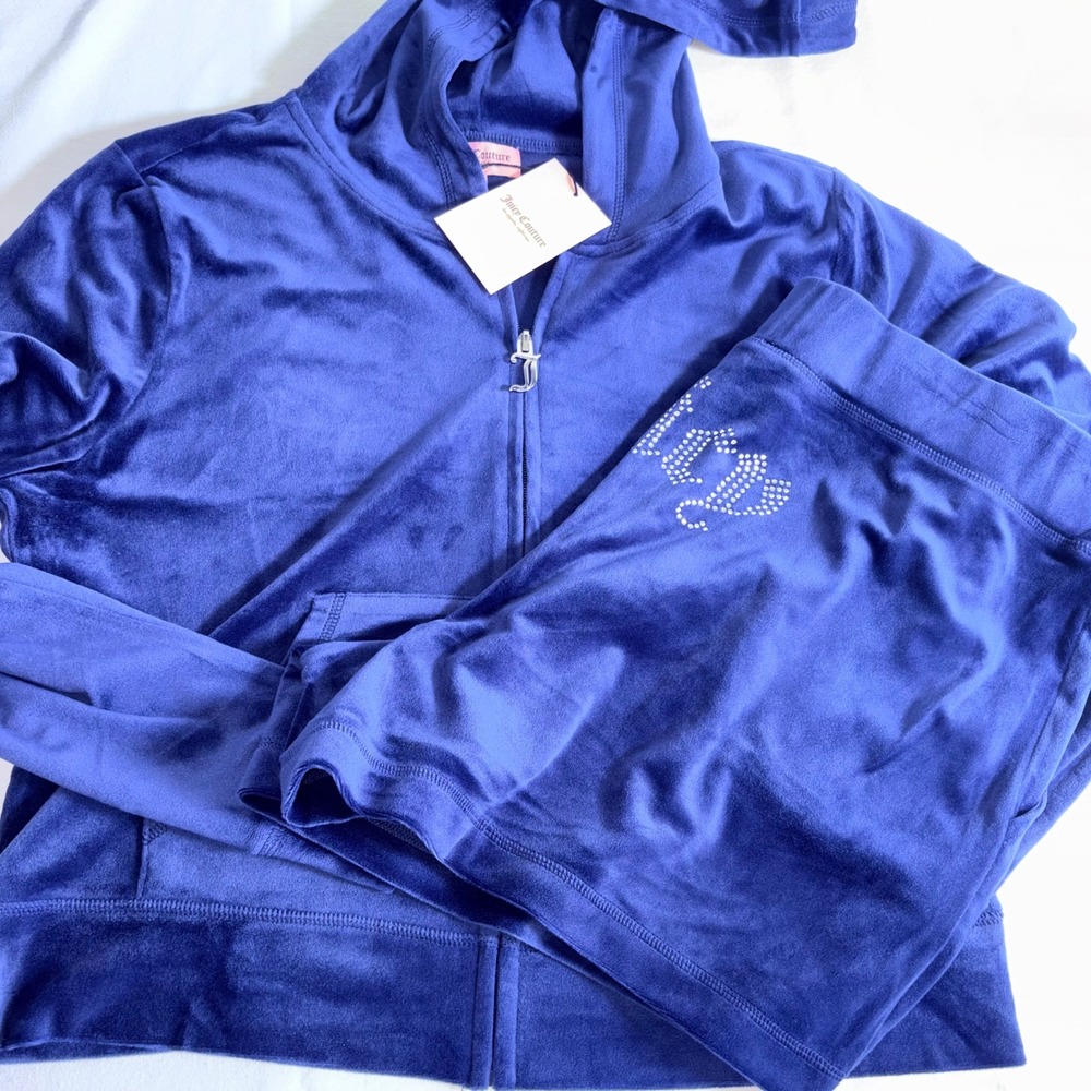 Juicy Couture Velour Tracksuit Set XL Atlantis Blue  Rhinestone Y2K Hoodie Short